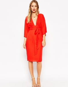 Платье миди с поясом и глубоким вырезом ASOS - Красный
