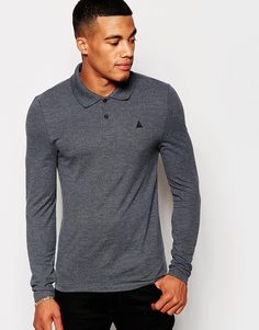ASOS Pique Muscle Long Sleeve Polo With Embroidery In Charcoal