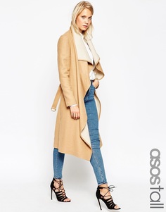 Пальто с каскадной драпировкой спереди и поясом ASOS TALL - Кэмел