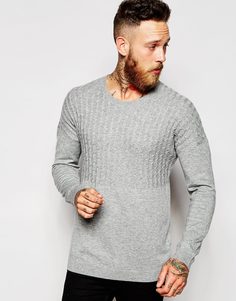 ASOS Dropped Shoulder Cable Jumper in Merino wool mix - Светло-серый