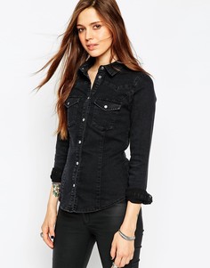 Черная выбеленная приталенная джинсовая рубашка в стиле вестерн ASOS