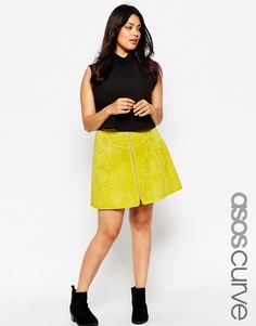 ASOS CURVE A-Line Skirt in Suede with Zip Detail - Шартруз