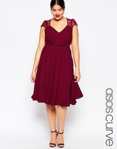 Платье миди с кружевными вставками ASOS CURVE Kate - Burgandy