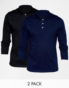 ASOS Long Sleeve Jersey Polo 2 Pack Black/Navy SAVE 18%