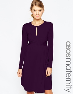 ASOS Maternity Skater Dress In Slinky Fabric With Keyhole - Burgundy