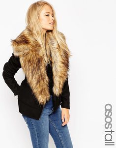 ASOS TALL Biker Jacket with Oversized Faux Fur Collar - Черный