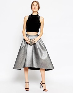 ASOS Full Midi Skirt in Metallic with Dip Back - Серебряный