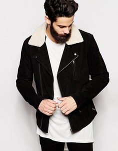 Кожаная куртка с отделкой из искусственной цигейки ASOS - Черный