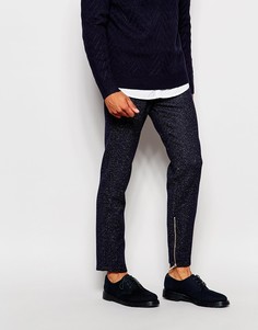 Строгие брюки слим в елочку с молниями ASOS - Темно-синий