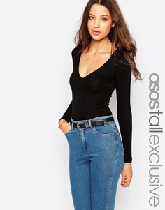 Боди с глубоким вырезом, длинными рукавами и стрингами ASOS TALL - Черный