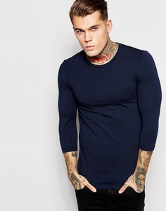 Эластичная футболка с рукавами 3/4 ASOS - Темно-синий