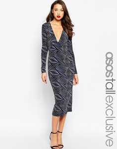 Платье миди с глубоким вырезом и блестящим узором ASOS TALL NIGHT - Deco glitter