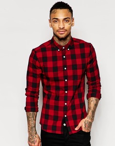 Клетчатая рубашка узкого кроя с длинными рукавами ASOS - Burgundy