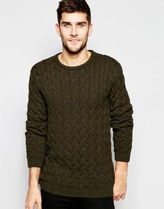 Джемпер с круглым вырезом и узором в косичку ASOS - Хаки