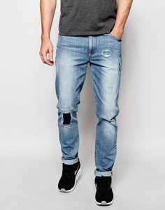 Светлые джинсы скинни с рваными коленями и заплатками ASOS - Умеренный синий