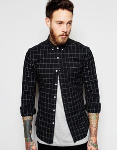 Зауженная рубашка в клетку с длинными рукавами ASOS - Черный