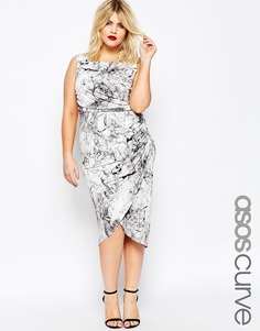 ASOS CURVE Marble Print Twist Bodycon Midi Dress - Принт