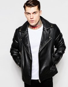 Черная кожаная байкерская куртка с заклепками ASOS - Черный