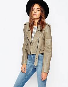 Укороченная байкерская куртка из высококачественной кожи ASOS - Stone