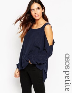 Джемпер крупной вязки с открытыми плечами и разрезами по бокам ASOS PETITE - Темно-синий