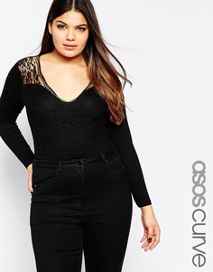 Кружевное боди с глубоким вырезом ASOS CURVE - Черный