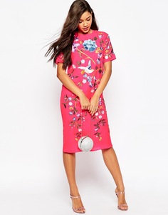 Цельнокройное платье миди с вышивкой ASOS - Fluro pink