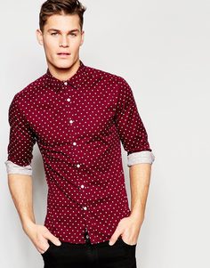 Бордовая зауженная рубашка в горошек с длинными рукавами ASOS - Burgundy