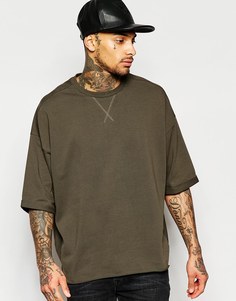 Oversize-футболка цвета хаки с рукавами до локтя и асимметричным подолом ASOS - Comrad khaki