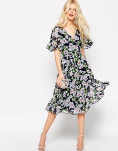 Плиссированное платье миди с запахом и цветочным принтом ASOS - Мульти