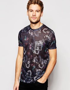 Удлиненная футболка в льняном стиле с цветочным принтом ASOS - Темно-синий