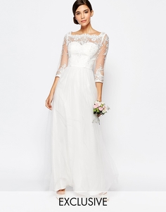 Свадебное кружевное платье макси с вырезом лодочкой и тюлевой юбкой Chi Chi London - Белый