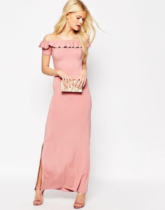 Платье макси с открытыми плечами и оборками ASOS - Пыльно-розовый
