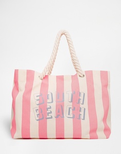 Розовая пляжная сумка с полосками и веревочными ручками South Beach - Розовый