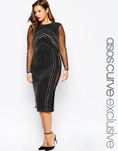 Платье с сетчатой вставкой и бисером ASOS CURVE RED CARPET Allure - Черный