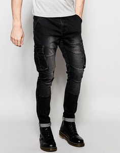 Байкерские зауженные джинсы с карманами карго Underated - Черный стираный деним