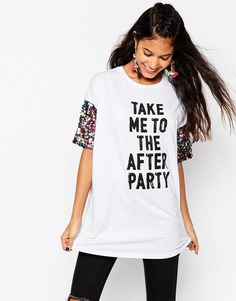 Футболка с пайетками на рукавах и принтом ASOS - Белый