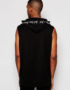 Длинная oversize-футболка без рукавов с принтом на капюшоне ASOS - Черный