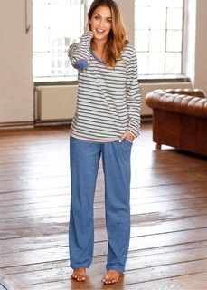 Пижамная футболка с длинным рукавом (2 шт.) (с цветочным принтом/в полоску) Bonprix