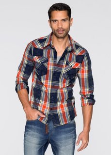 Рубашка Slim Fit с длинным рукавом (темно-синий/оранжевый в клетку) Bonprix