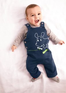 Для малышей: футболка с длинным рукавом + трикотажный комбинезон из биохлопка (2 изд.), Размеры  56/62-92/98 (светло-серый меланж/темно-сини) Bonprix