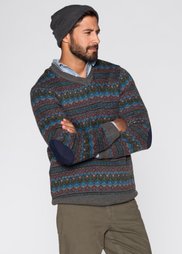 Пуловер с добавлением шерсти Regular Fit (серый меланж с узором) Bonprix