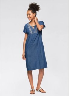 Джинсовое платье с коротким рукавом и вышивкой (синий) Bonprix