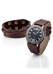 Набор из 2х изделий: кожаный браслет и часы на кожаном ремешке (черный) Bonprix