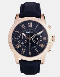 Часы на синем кожаном ремешке с хронографом Fossil Grant FS4835
