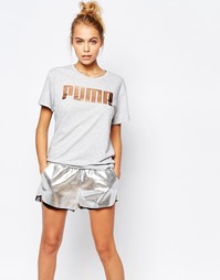 Oversize-футболка бойфренда с розово‑золотистым логотипом Puma - Серый