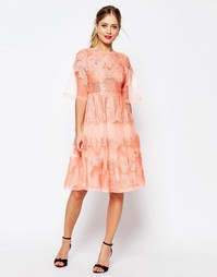 Платье миди из кружева и органзы ASOS SALON - Коралловый