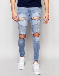 Байкерские джинсы скинни с потертостями SikSilk - Светло-голубой