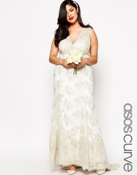 Кружевное платье макси со шлейфом ASOS CURVE BRIDAL - Серебряный