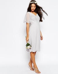 Платье миди с кружевом и отделкой плиссе ASOS WEDDING - Серый