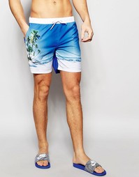 Шорты для плавания средней длины с пляжным принтом ASOS - Синий